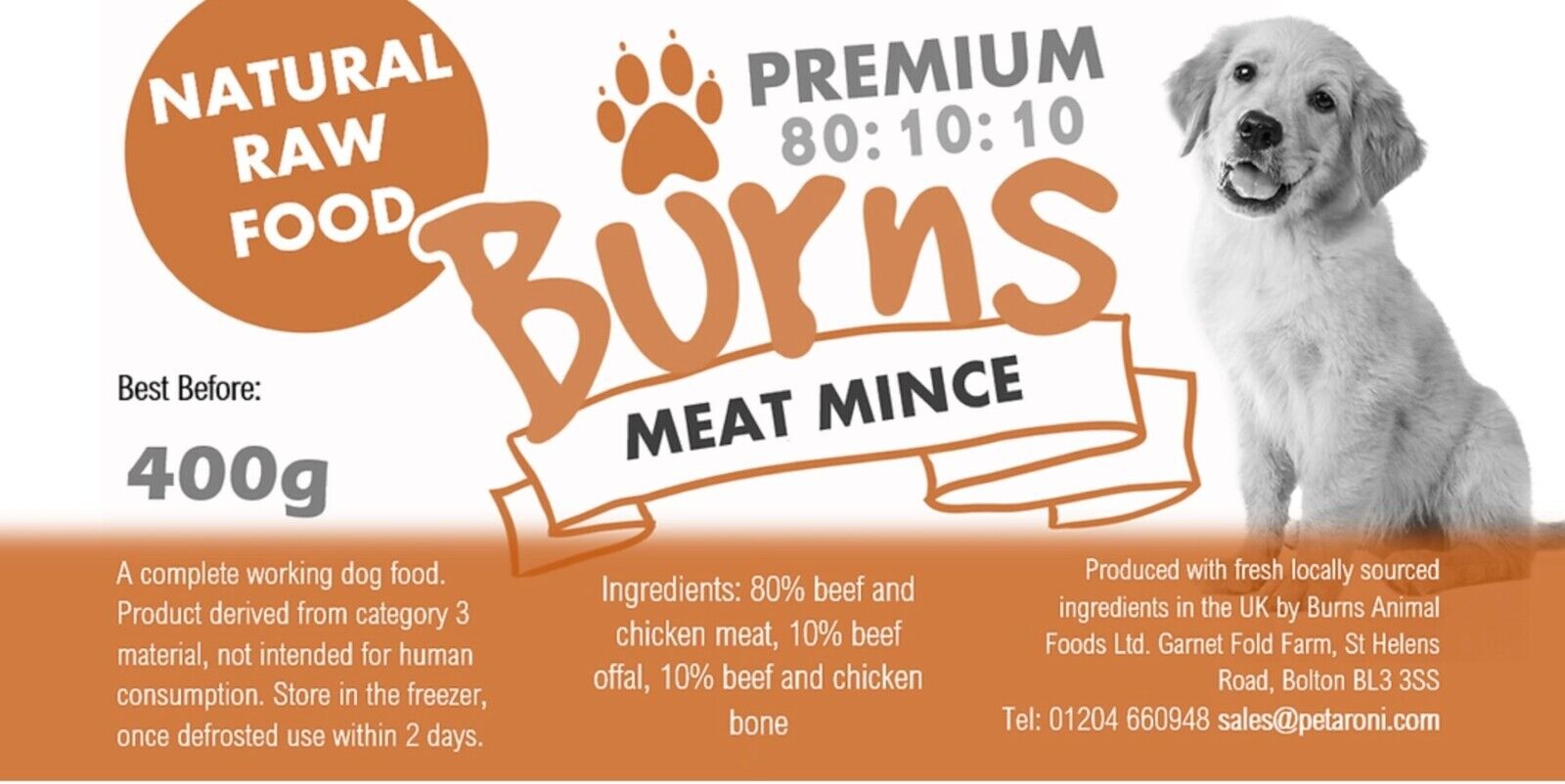 BURNS RAW Frozen Dog Food 10 20 or 30 400g Chubbs 80/10/10 PICK or MIX YOUR OWN