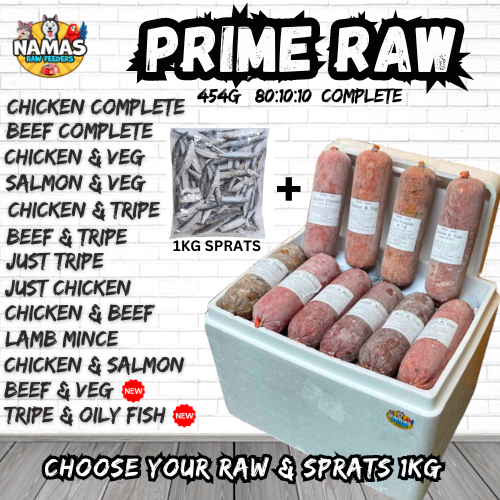 PRIME RAW 20 ROLLS + 1kg SPRATS Frozen Dog Food 80/10/10 454g