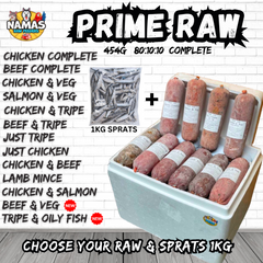 PRIME RAW 20 ROLLS + 1kg SPRATS Frozen Dog Food 80/10/10 454g
